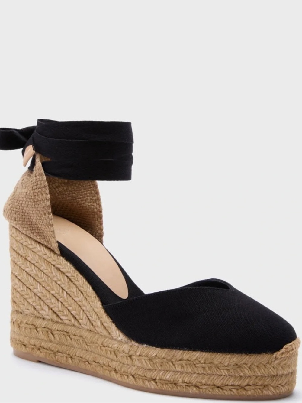 Castaner Carina 110 Black and Natural Espadrille Wedge Sandals with Ankle Ties
